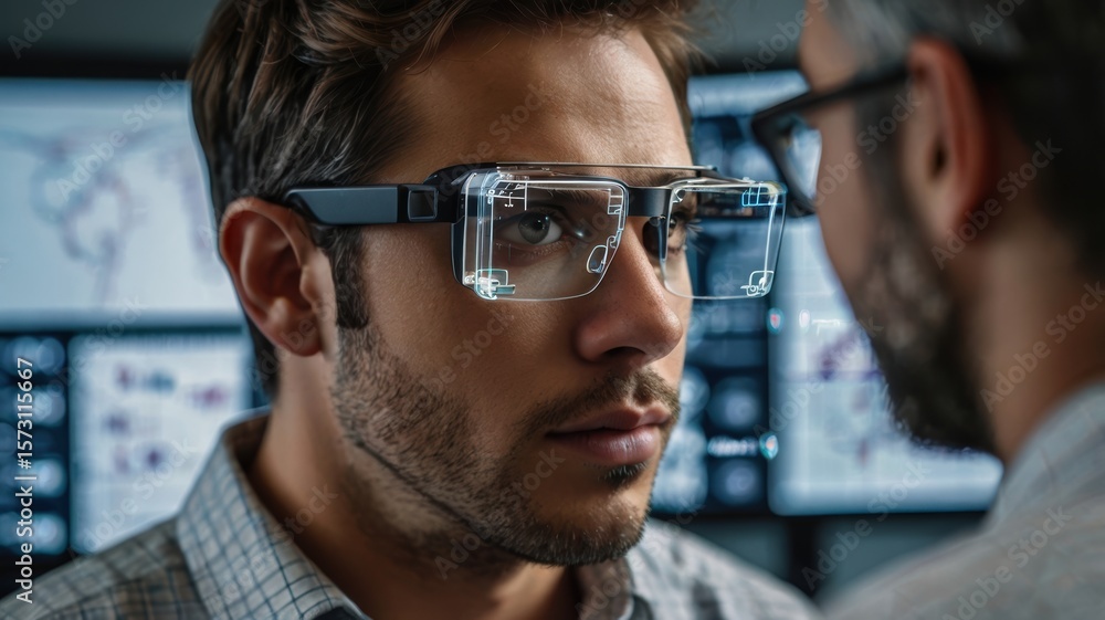 Poster a focused man wearing advanced glasses interacts with another individual, surrounded by digital scre