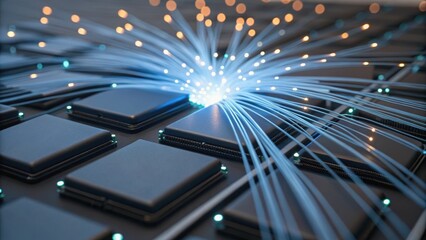 Abstract image showcasing blue light sparks emanating from a surface with dark rectangular elements, suggesting technology and innovation.
