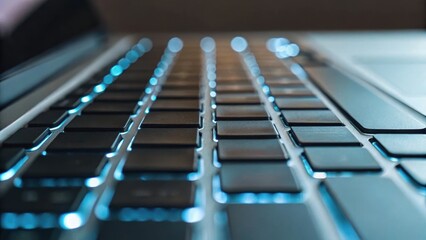 Close-up of a laptop keyboard with a soft focus effect, highlighting the keys and illuminated edges in a visually striking manner.