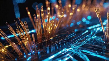 Abstract close-up of illuminated fiber optic strands, showcasing vibrant blue and orange lights in a dark setting.