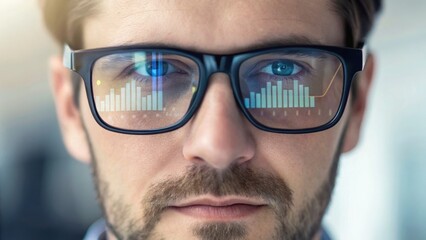 A man with glasses reflecting digital graphs, symbolizing analytics and technology in modern business.