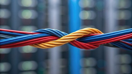 Twisted multicolored cables against a blurred background, representing technology and connectivity in a digital environment.
