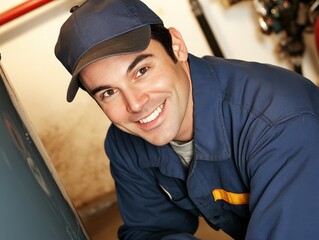 Cheerful technician, skilled boiler repair, modern water heater, professional service.