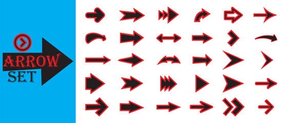 Black arrow set icon vector with red border isolated on white background. Different collection arrow direction symbols in flat style. Modern and simple arrows. Vector illustration.
