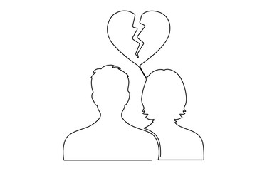 Self drawing animation of single line draw broken heart carried by man woman. Divorce heartache, Divorce heartache concept. Family conflict. Break up relationship.