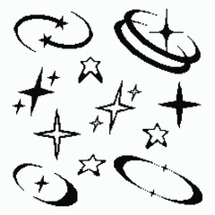 A collection of black and white pixel-style sparkle and star icons, perfect for retro designs, Y2K aesthetics