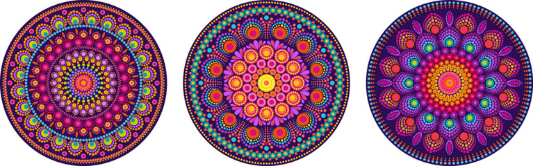 Collection of colorful dotted mandalas on purple template. Tribal boho pattern for print, wall art decor,digital design