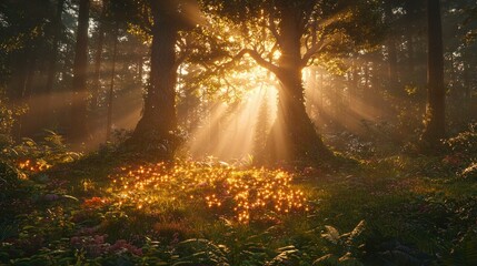 Obraz premium Sunbeams pierce mystical forest clearing