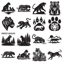 Tiger Silhouette Vector Set Wildlife and Forest Animal Illustrations
