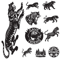 Save Tigers Vector Set Wild Tiger Silhouettes and Conservation Icons