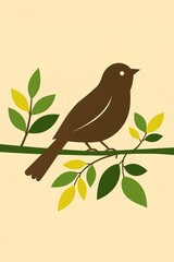 minimalist bird vector, flat illustration, brown bird, green leaves, yellow leaves, branch silhouette, nature design, simple artwork, digital drawing, clean background,