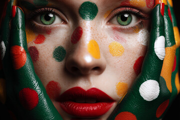 Creative Close-Up Portrait of Woman with Polka Dot Face Paint and Matching Painted Leather Gloves
