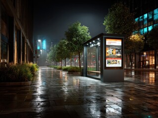 Serene, wet cityscape, illuminated bus stop, modern urban night, reflective streets, peaceful evening scene.