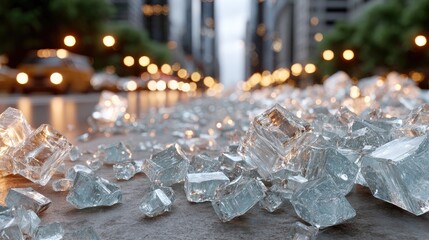 Shattered glass sparkles on asphalt, reflecting light amid blurred cars and buildings at sunset, crafting a vibrant urban scene