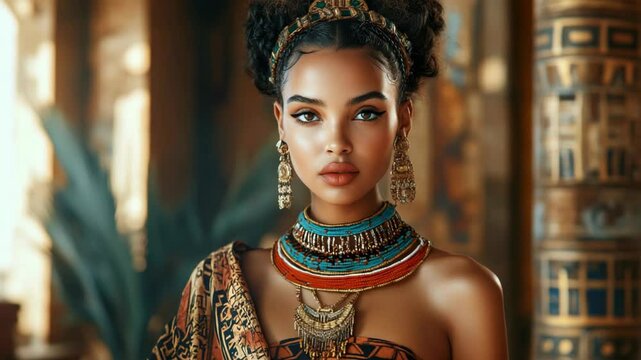 gorgeous ancient Egyptian princess wearing elegance headdress and earrings at ancient palace 
