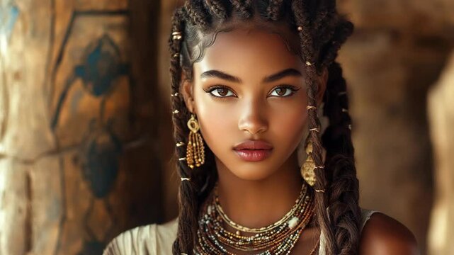 gorgeous ancient black African princess wearing elegance headdress and earrings at ancient palace 