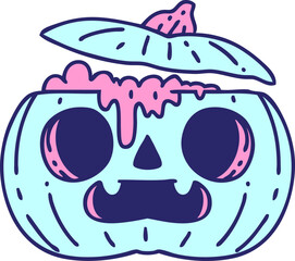 cartoon of a spooky halloween pumpkin in bright neon color