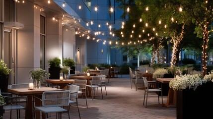 Obraz premium Evening outdoor dining at a beautifully lit restaurant with cozy atmosphere and warm lights