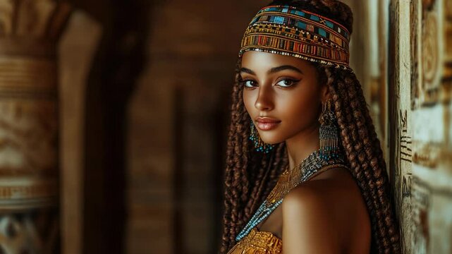 gorgeous ancient Egyptian princess wearing elegance headdress and earrings at ancient palace 