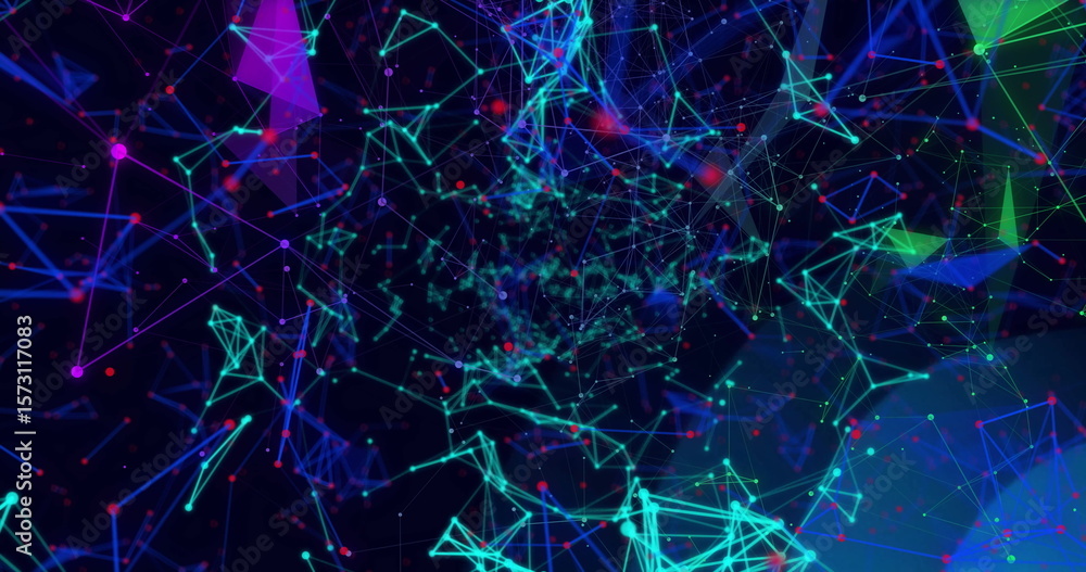 Poster pulsing abstract network forming 3d web in dark virtual space, with glowing nodes lines shapes