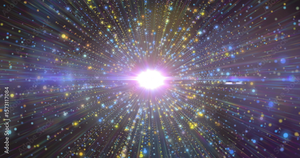 Poster image of bright light burst with colorful particles radiating dynamically