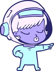 cartoon pretty astronaut girl pointing in bright neon color