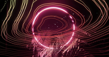 Radiating pink neon ring casting light trails in digital space, with palm leaf silhouettes