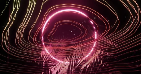  Radiating pink neon ring casting light trails in digital space, with palm leaf silhouettes © vectorfusionart