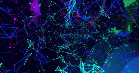 Pulsing abstract network forming 3D web in dark virtual space, with glowing nodes lines shapes