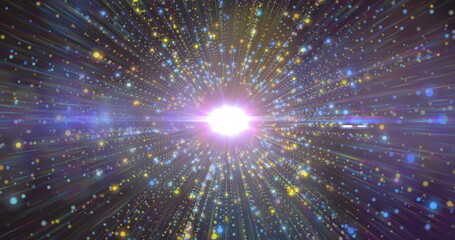 Fototapeta premium Image of bright light burst with colorful particles radiating dynamically