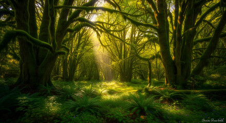 Obraz premium Dense green jungle with sunbeams filtering through trees