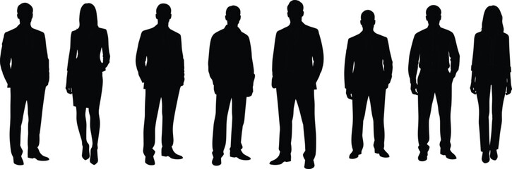 Silhouette of diverse business professionals standing in a row isolated on white background, team collaboration concept, corporate people, executive group in formal attire

.