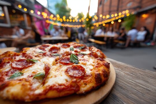 Pepperoni pizza on wooden platter in outdoor restaurant with string lights at golden hour, customers are visible in the background