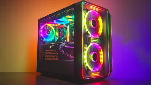 A custom RGB gaming computer with vibrant lighting displays is showcased in a modern setup against a colorful backdrop