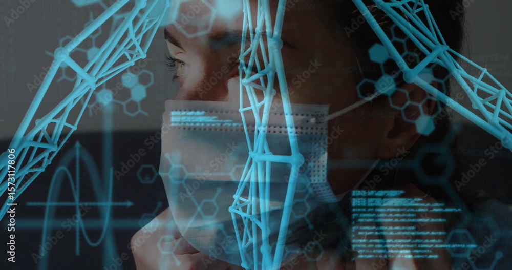 Poster person wearing mask with digital dna and data processing image overlay