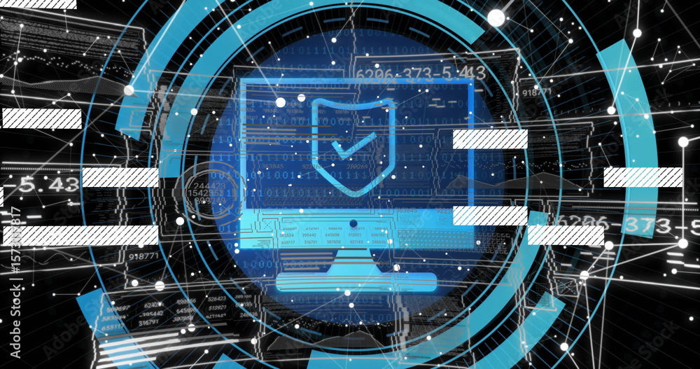 Poster Stylized monitor showing shield and checkmark in cyberspace with rings, nodes and binary code