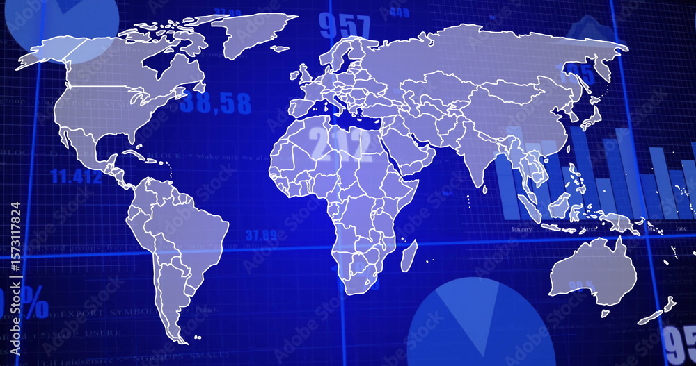 Poster world map with data processing image over blue background and pie chart