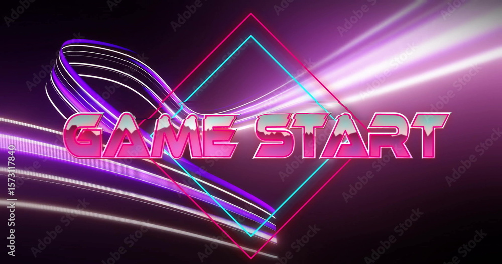 Aufkleber showing neon text reading game start pulsing wireframe diamond on game screen, with light streaks