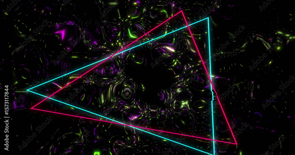 Poster glowing cyan and magenta triangles shifting in digital environment, with reflective liquid patterns