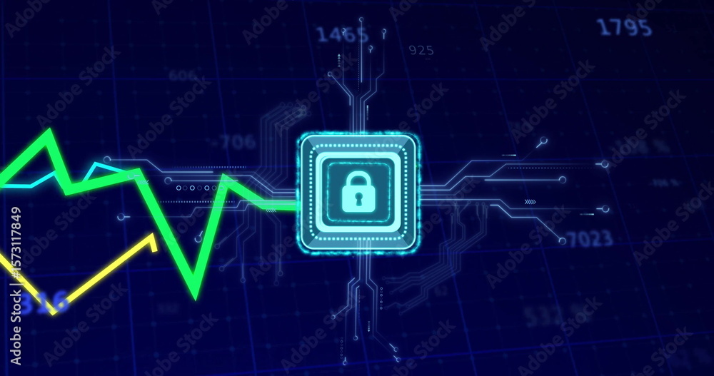 Poster shining lock icon radiating circuit traces on grid interface, with neon green line and yellow arrow