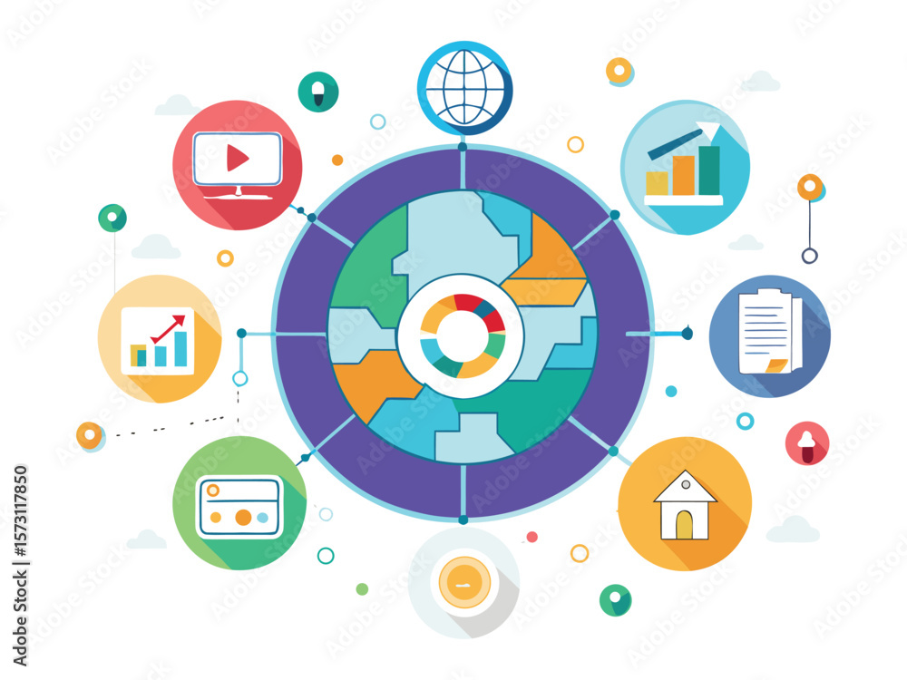 Aufkleber global business strategy and data analysis concept with interconnected icons isolated on white backg