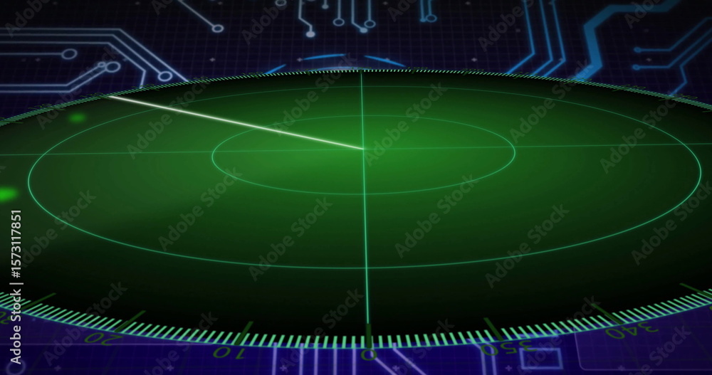Poster displaying radar display scanning on control interface, with green grid and circuit board pattern