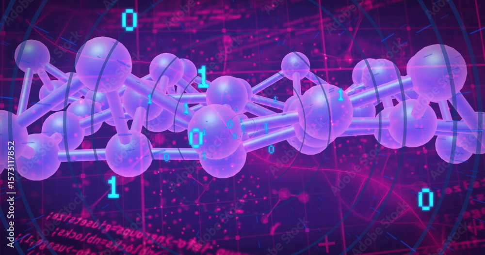 Poster image of molecular structure with digital data on purple and pink background