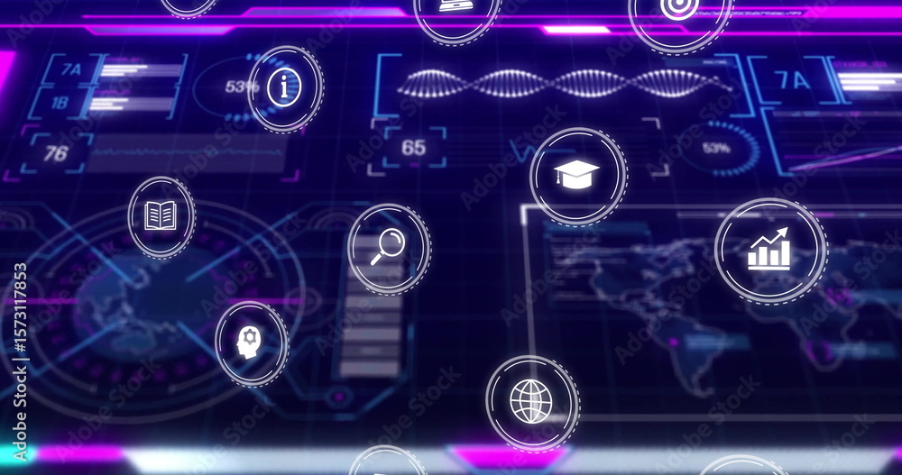 Poster displaying cluster of floating circular icons glowing over virtual dashboard, with analytics theme