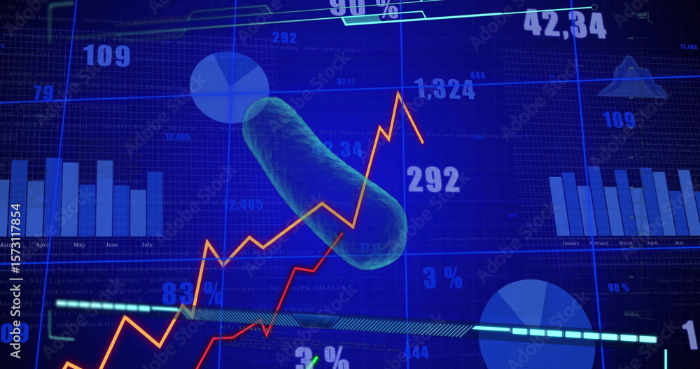Poster displaying green 3d capsule over analytics dashboard showing bar line pie charts and numeric labels