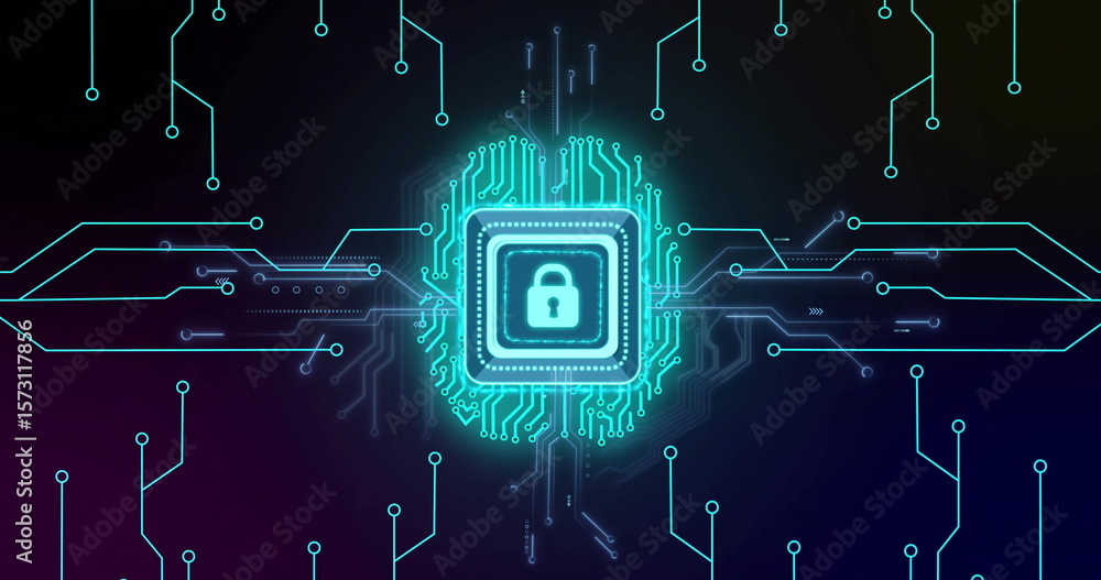 Poster illuminating padlock microchip square in virtual network, tracing neon circuits and glowing nodes