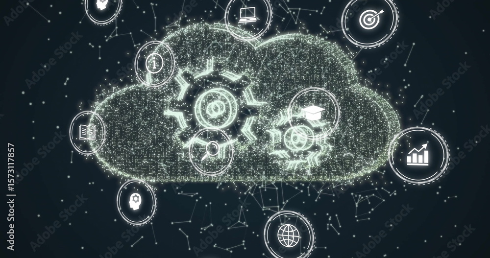Aufkleber displaying cloud icon glowing with gears and graduation cap in dark network with concept icons