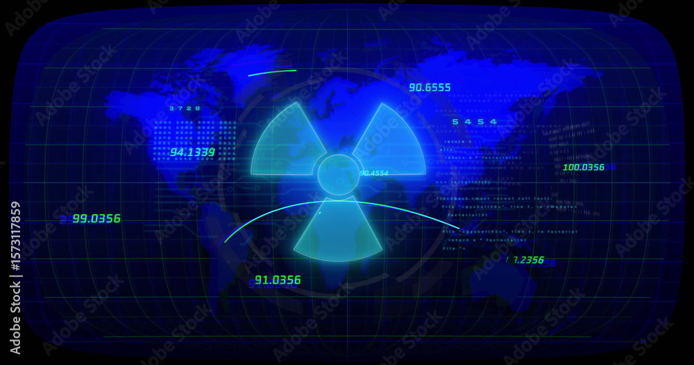 Poster displaying glowing cyan radiation hazard trefoil symbol on high-tech monitor, with numeric readouts