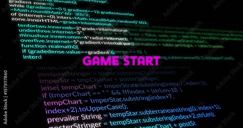 Poster displaying neon pink-purple game start glowing on computer screen at angle, with code snippets
