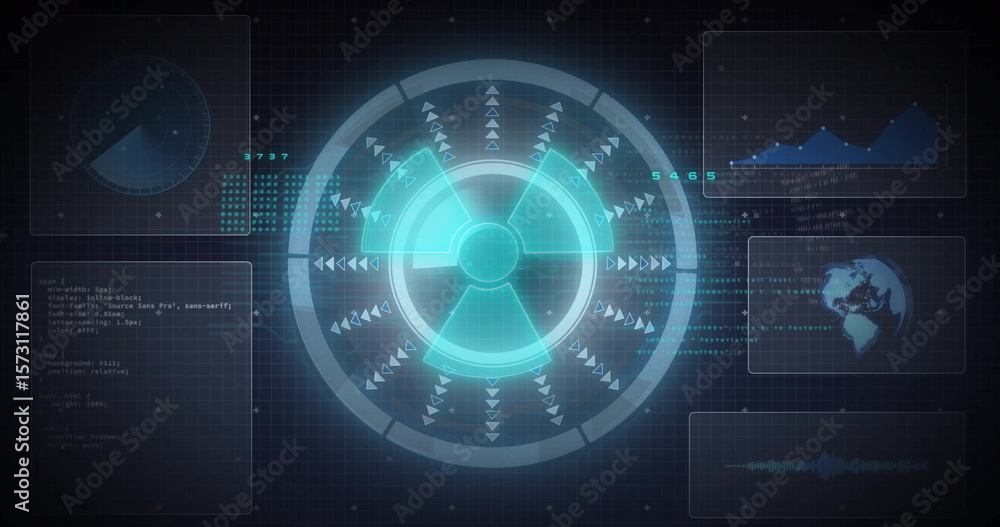 Poster showing holographic hud element on grid overlay, with radar gauge, code graph globe waveform panels